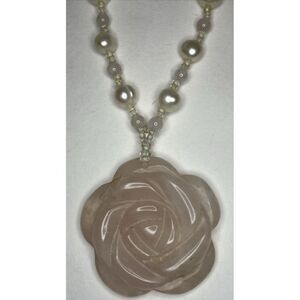 Genuine Pearl & Quartz Beaded Fashion Necklace + Rose Flower Design Pendant 10in